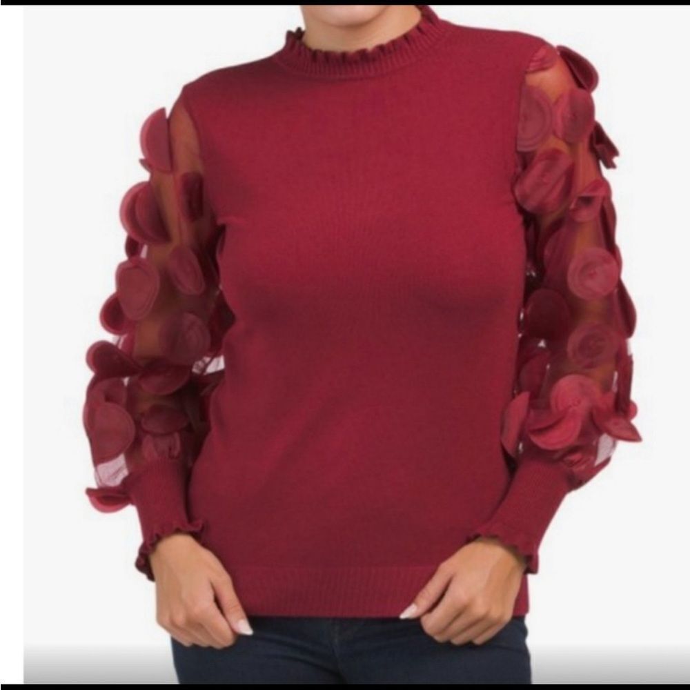 NWT Sioni‎ Milano Rhubarb Floral Appliqué Sweater Ruffle Neckline Sz L